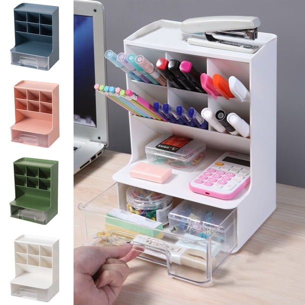 Organizador de escritorio inclinado | Estante de plástico multi-celosía con cajón, compartimentos lavables extraíbles | Blanco Rosa Azul Verde | Portaobjetos de sobremesa de gran capacidad