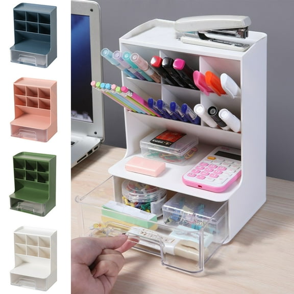 HengDidi Multi-Compartment Desktop Organizer - Slanted Pen Holder with Drawer, Large Capacity Storage Box for Office, Home, Dormitory, Removable Washable Design