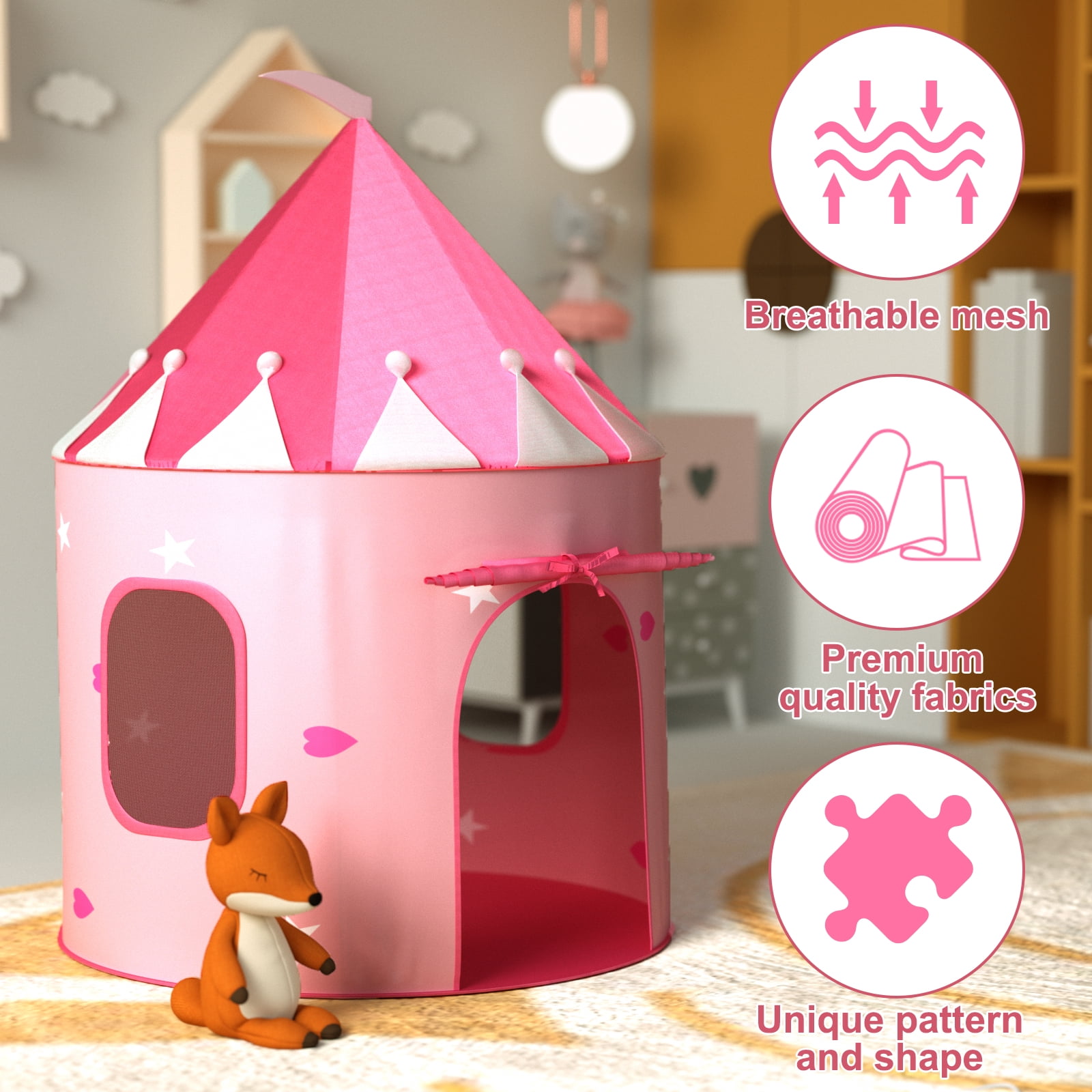 XJD Princess Castle Play Kids Tent for Girls Toddlers Portable Pop Up Play Teepee Indoor and Outdoor Playhouse Gift for Kids Girls Toys Birthday Gifts, Pink
