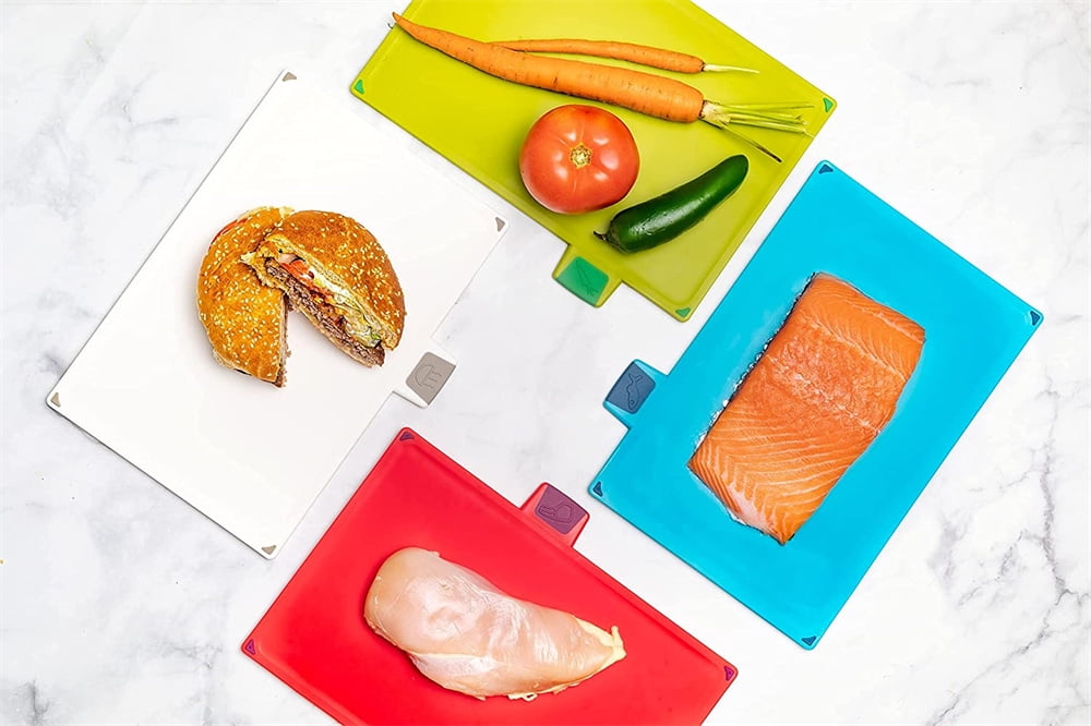 NOGIS Cutting Board Set, Plastic Cutting Board, Set of 4 Cutting Boards with Storage Stand, Chopping Board Set with Color Coded Food Icon for Kitchen Different Food Types (11.8x7.9 Inches)