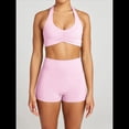 thumbnail image 4 of Conjuntos Entrenamiento para Mujer 2 Piezas,Sujetador Deportivo con Cuello Halter y Arrugas,Pantalones Cortos Ciclista Cintura Alta,Ropa Ejercicio para Gimnasio Yoga Rosa M, 4 of 8
