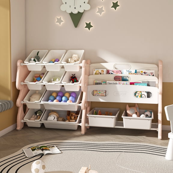 High Quality Children's Toy Storage Rack with Double-Layer Bookshelf, Multifunctional Toy Organizer with 12 Durable Storage Boxes, for Living room, Bedroom, Pink
