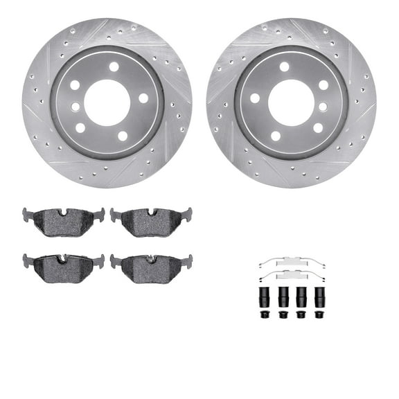 Dynamic Friction Company Rear Brake Rotors-Drilled and Slotted-Silver with 5000 Euro Ceramic Brake Pads includes Hardware 7612-31044