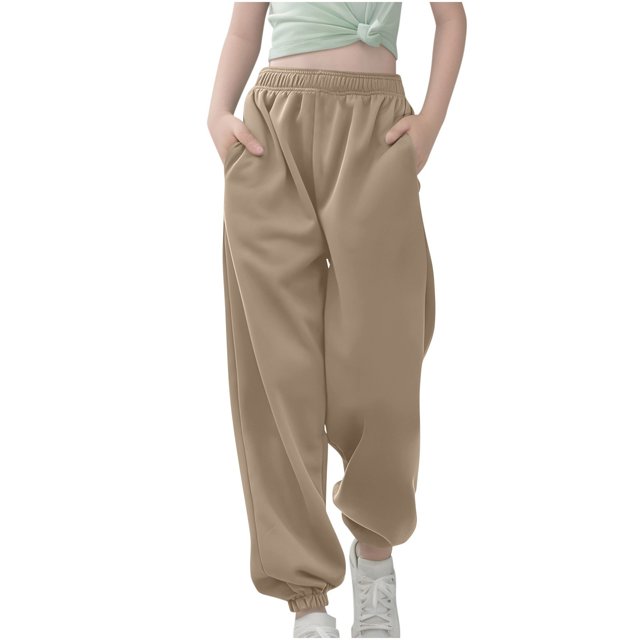 Ediodpoh Medium and Large Children Casual Girls Solid Color Drawstring Sweatpants Girls Trousers Khaki 5-6 Years