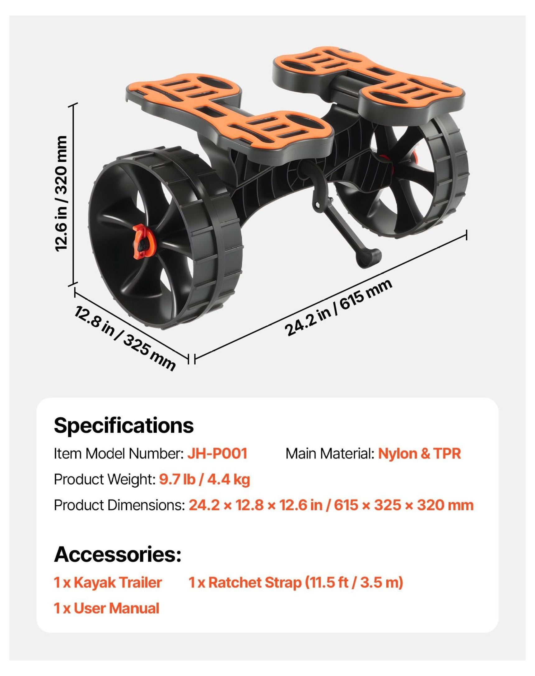 Kayak Cart 300 Lbs Capacity - Foldable Kayak Trolley with 10-inch Tires & Ratchet Strap - Canoe & Paddle Board Carrier for Transport