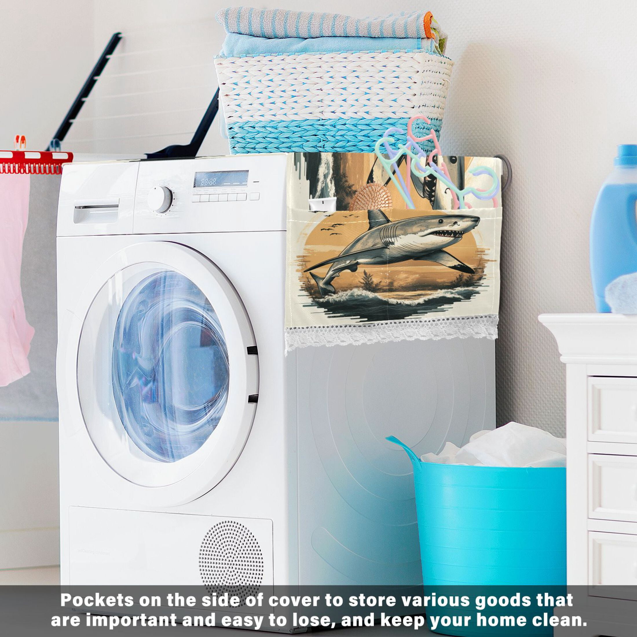 WOBOGO Great White Shark on The Oceans Illustration Washing Machine Cloth Dryer Refrigerator Top Cover Protective Non-Slip Mat For Kitchen Laundry