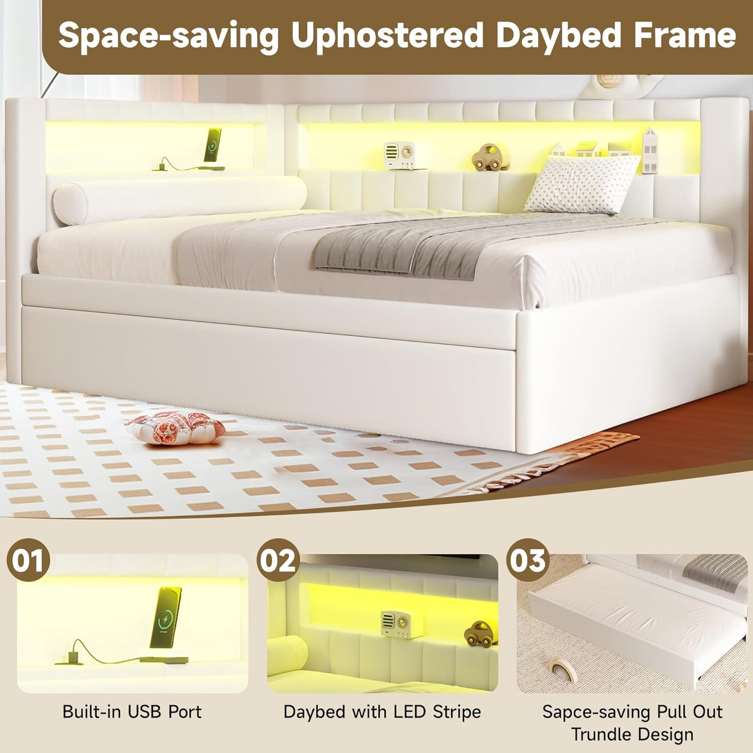 AISWORD Full Size Daybed with Trundle and L-Shaped Bookshelf Headboard, Upholstered Soft Corner Bed with Storage Shelves, Charging Station and LED Belt, White