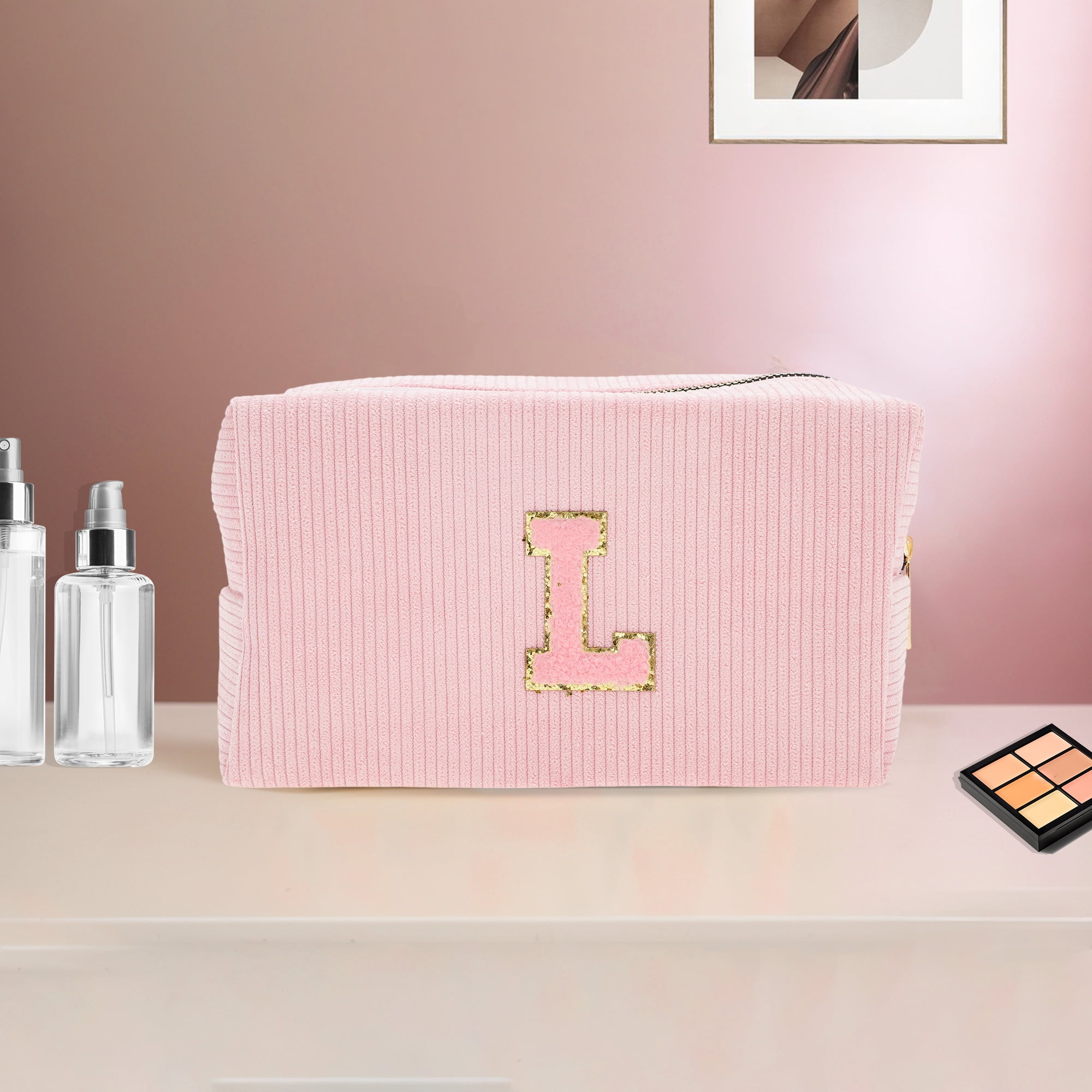 Unique Bargains 1 Pc Corduroy Rectangular Letter Makeup Bag Pink [Letter L]