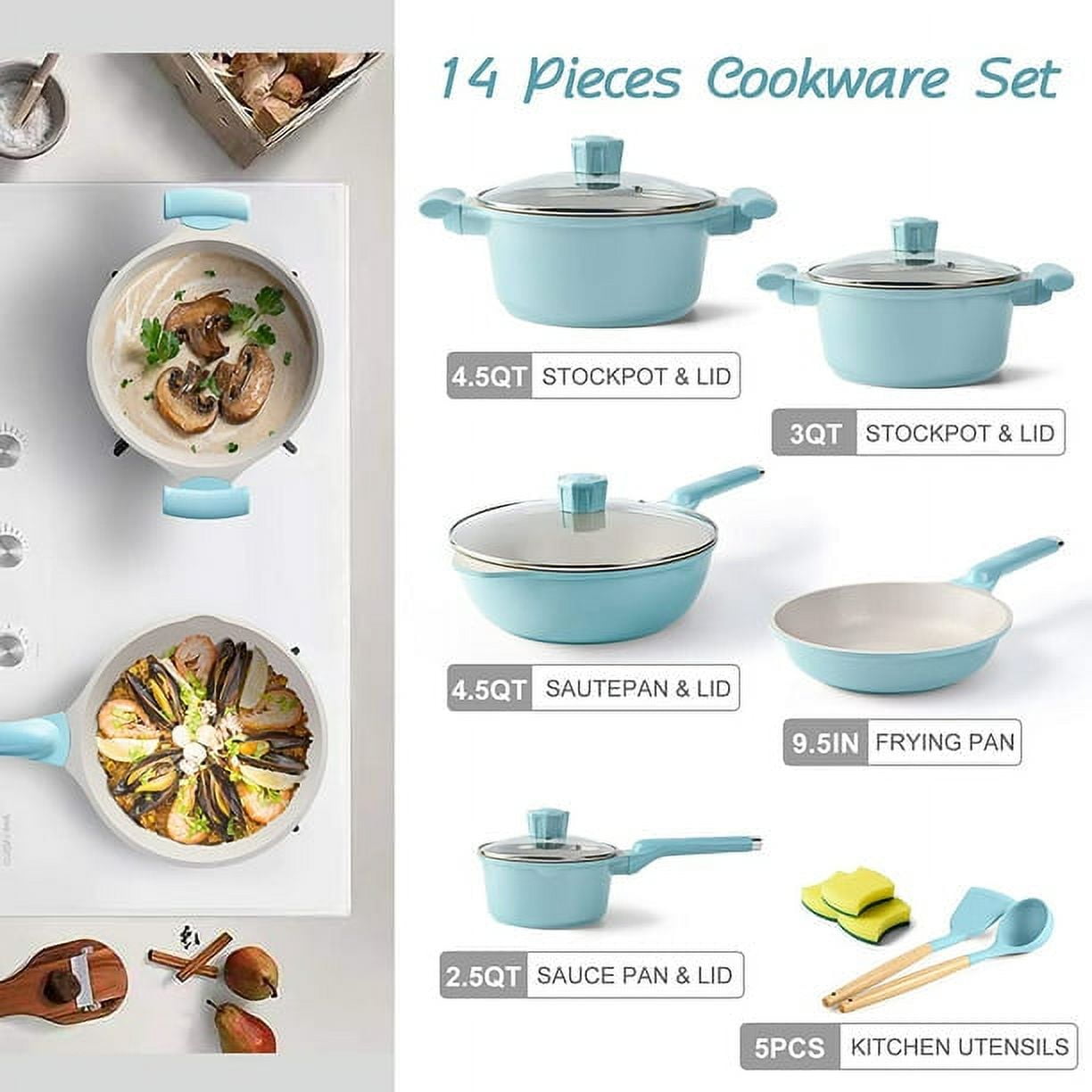 Caannasweis 8 Pieces Aluminum Pot and Pan Set Nonstick Cookware Sets  Granite Kitchen Pot Set with Frying Pan, Grill Pan