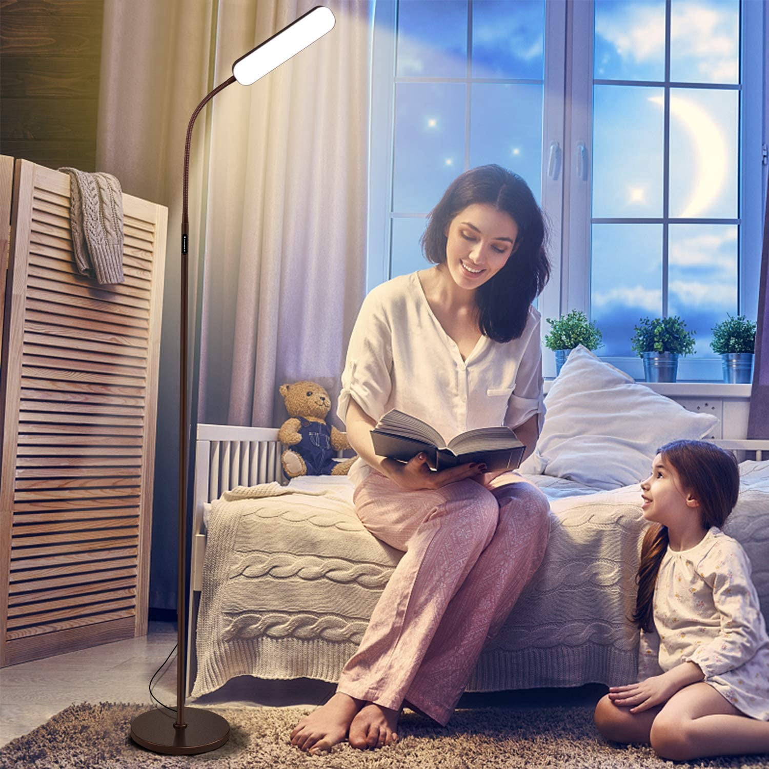 Floor Lamp, 15w/1000lm Bright LED Floor Lamp with Stepless Adjustable 3000K-6000K Colors and Dimmer, Remote and Touch Control Reading Lamp, Adjustable Gooseneck Floor Lamp for Living Room
