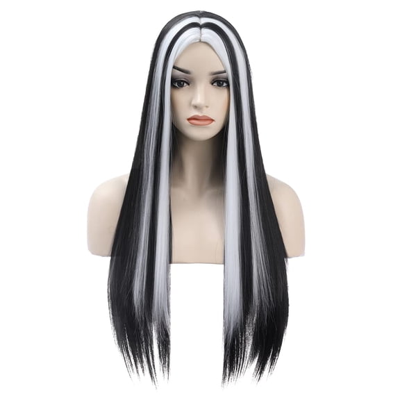 Women's Long Straight Synthetic Wig, Black and White Highlight Middle Part Full Wig, Heat Resistant Fiber, No Lace, Cosplay Halloween Costume Wig