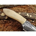 thumbnail image 3 of 6.5" Long Damascus steel hand forged compact skinning Knife, 3" drop point full tang blade, Camel Bone scale, Cow hide Leather sheath, 3 of 6