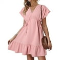 thumbnail image 2 of gakvbuo Summer Dresses For Women 2024 Vacation Trendy Beach Dresses Womens Dresses Short Sleeve V Neck Drawstring Casual Ruffle A-Line Mini Dress, 2 of 6