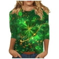 thumbnail image 2 of LEKWK Tops for Women Neon Glow Effect Graphic Tees Three Quarter Sleeve Casual Tops Artistic Green Glowing Shamrock Line Art Outfits, 2 of 5