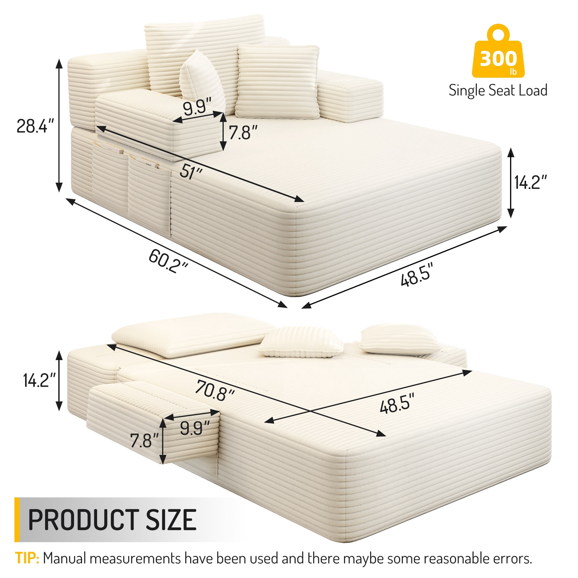 Alvantor Oversized Corduroy Convertible Chaise Lounge Sofa Bed, Beige