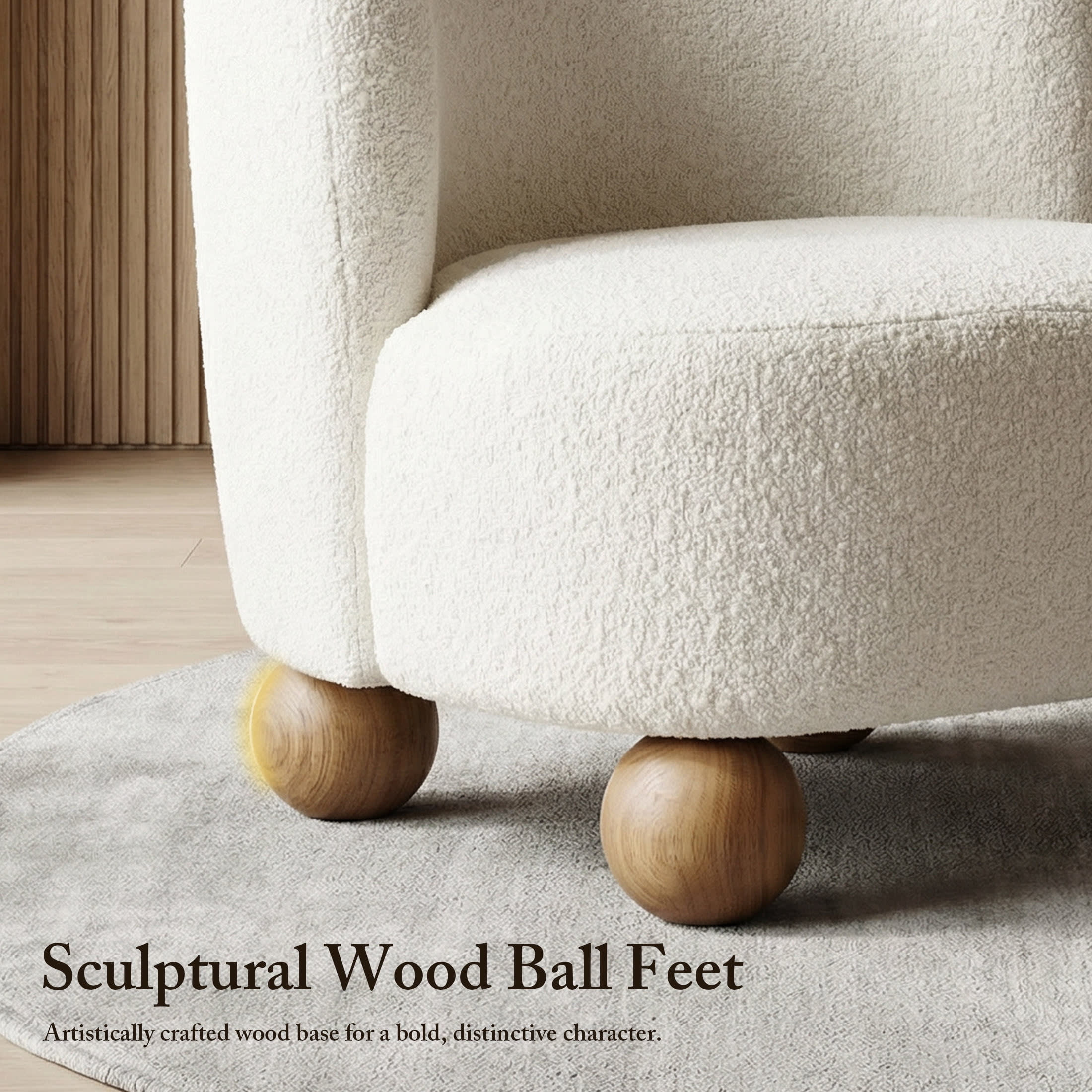 Aenkyo Contemporary Boucle Armless Accent Chair with Sculptural Wood Ball Feet, White