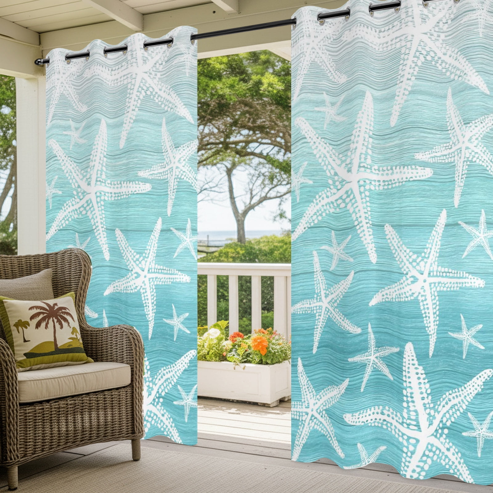 Coastal Teal Starfish Outdoor Curtains for Patio, Nautical Ocean Summer Minimalist Gradient Sunshade Privacy Drapes Grommet Waterproof Outside Curtains for Porch/Cabana/Balcony 54"x 108", 1 Panel