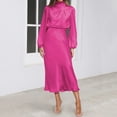thumbnail image 2 of IDOPIP Women's Elegant Long Sleeve Satin Dress Mock Neck Elastic Waist Cocktail Party Maxi Dress, 2 of 8