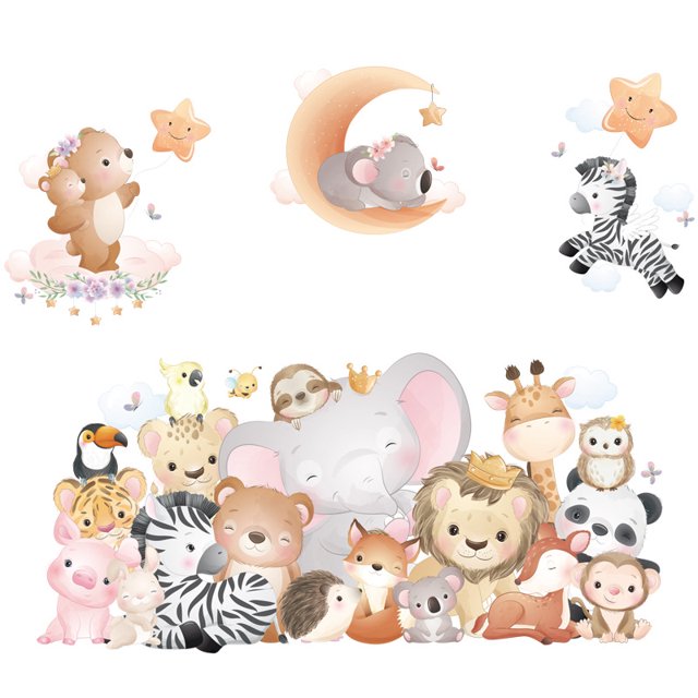 1 pegatina de pared de animales de dibujos animados, pegatina de pared de animales de bosque bonito para decoración de pared del dormitorio de la sala de juegos del cuarto de niños JAMW Sencillez