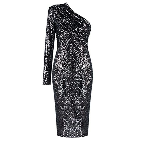 Women's Sexy One Shoulder Long Sleeve Sequin Sparkle Dress Ruched Evening Gown Midi Formal Dresses