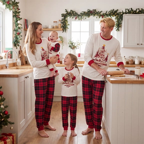 Family Christmas Pajamas Matching Sets Plaid Christmas Tree Letter Print Tops Plaid Pants Sleepwear