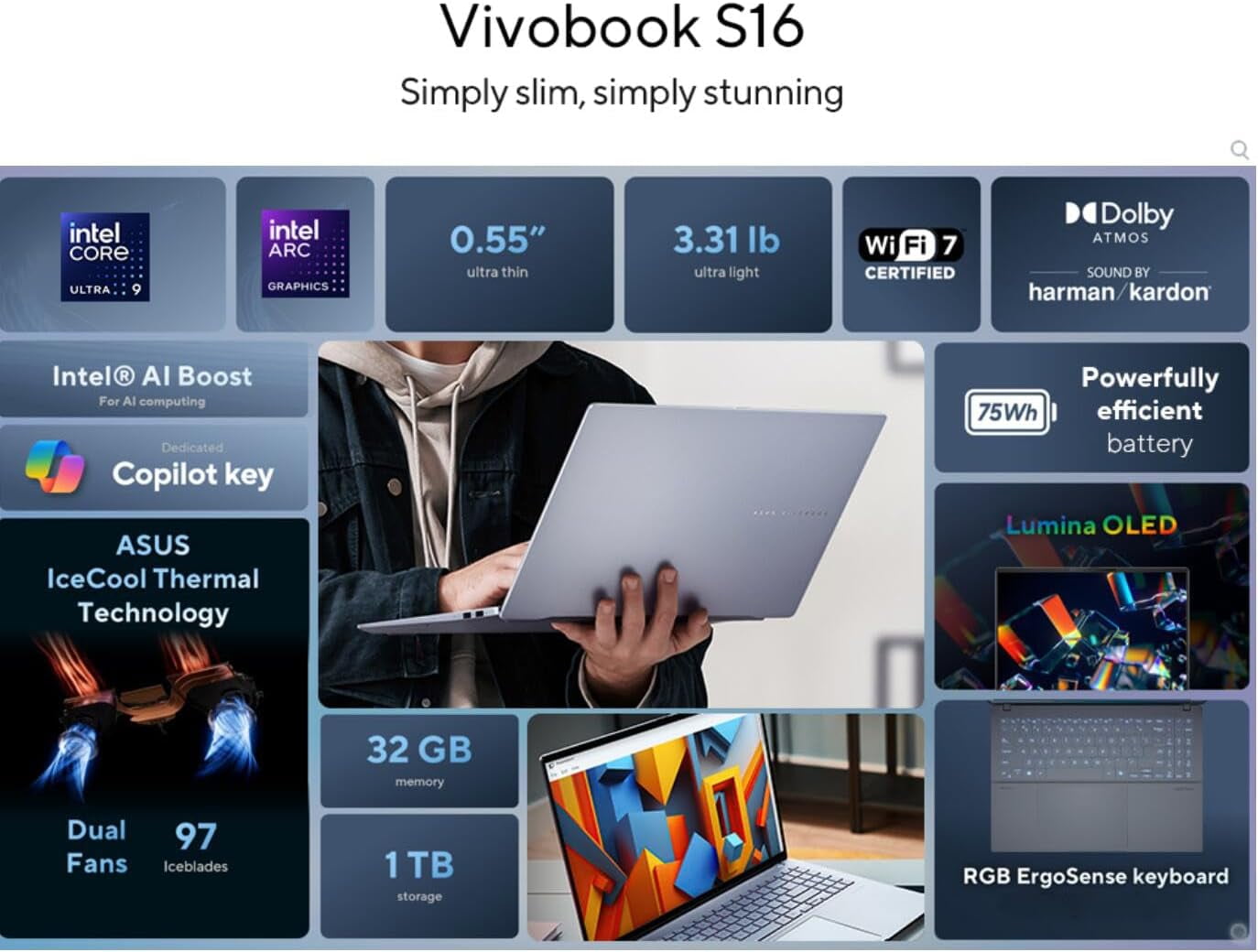 ASUS Vivobook S16 16″ OLED Laptop – Intel Core Ultra 9 285H Beat AMD Ryzen 9 8945HS, 32GB RAM| 512GB SSD, 2880×1800 DCI-P3 100%, RGB Backlit Ketboard, Windows 11, Business AI Copilot PC