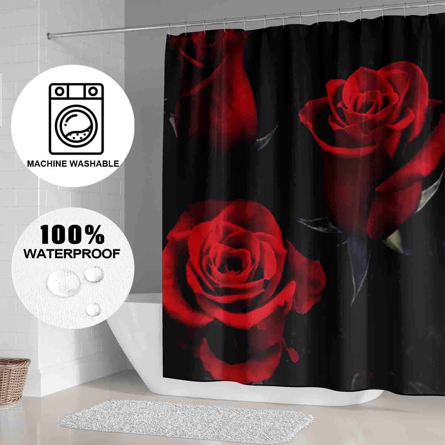 4Pcs Red Rose Shower Curtain Sets Three Red Rose Bathroom Curtain with Non-Slip Rug, Toilet Lid Cover, Bath Mat and 12 Hooks, Romantic Showy Floral Wedding Decor for Bath
