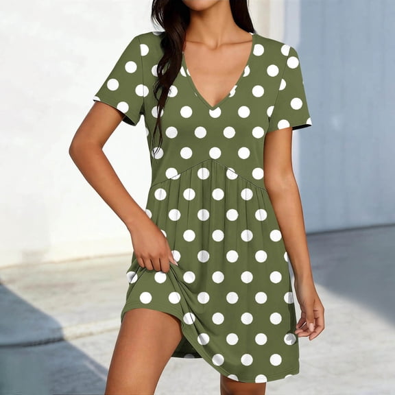 FRSASU Summer Short Sleeve Dresses for Women Dot Print Slim Fit Adjustable Strap Casual V-Neck Flowy Mini Dresses Army Green-A7