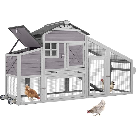 Aivituvin Large Chicken Coop with Wheels for Outdoor, Mobile Chicken House with Nest Box & Removable Tray for 2-5 Chickens, Weatherproof Poultry Cage, Gray