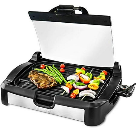Ovente Reversible Electric Grill and Griddle with Heat Tempered Glass Lid, Indoor and Outdoor Grilling, 1700 Watts, Black (Best Electric Griddle 2019)