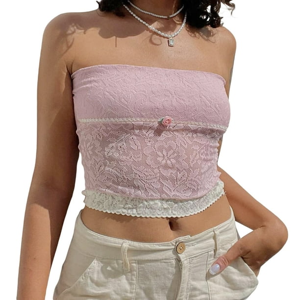 Fortune Tube Tops for Women Bandeau Top Strapless Sheer Lace Tank