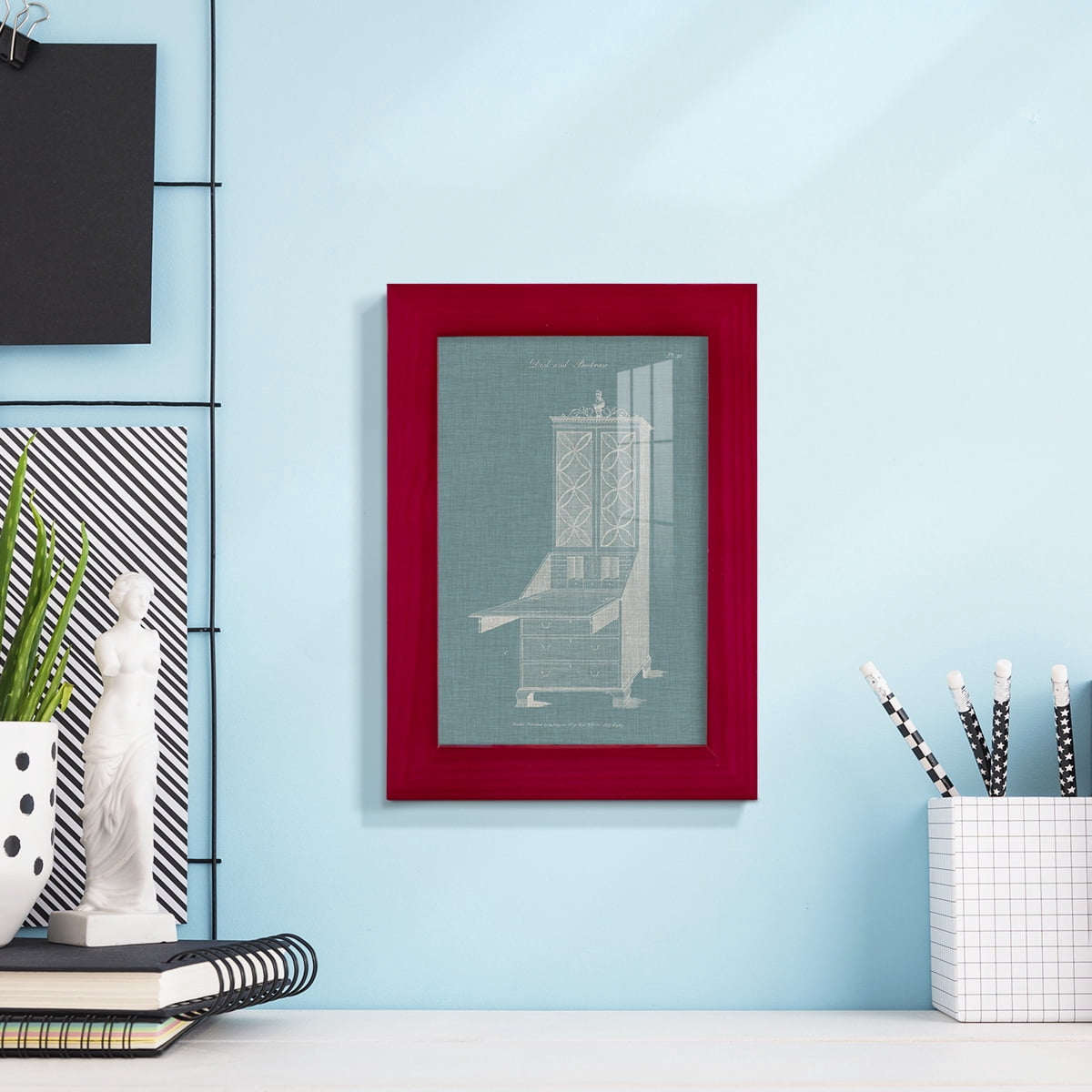 Hepplewhite Desk & Bookcase II - Framed Print w/glass - Cherry Red