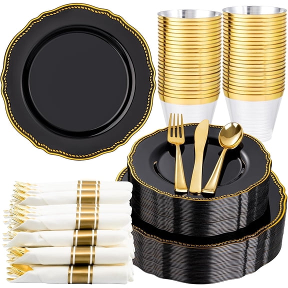 175pcs Black and gold Plastic Plates - Gold Plastic Dinnerware Set Includes 25 Dinner Plates, 25 Dessert Dinnerware, 25 Cups, 25 Napkins Perfect for Wedding & Party