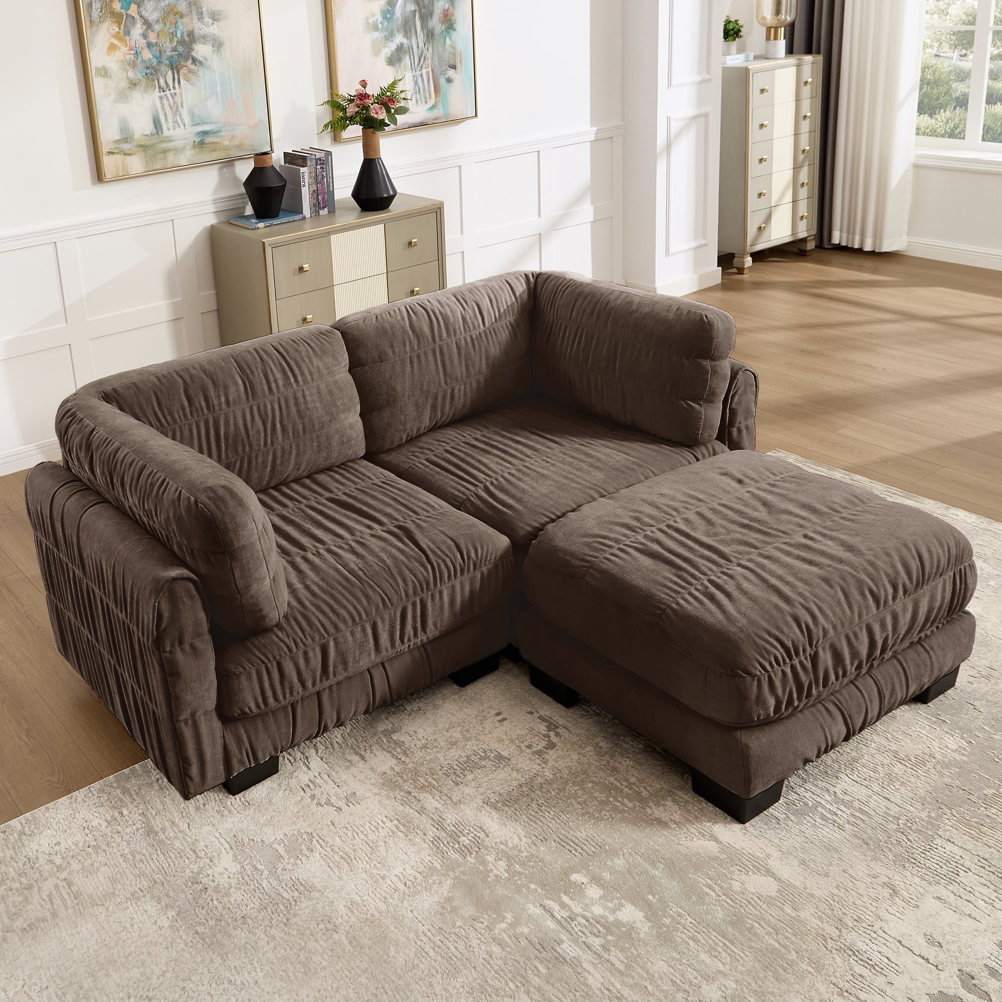 78" 2 Seat Chenille Modular Sectional Sofa with Movable Ottoman and L Shape Back Cushions,Easy Assembly