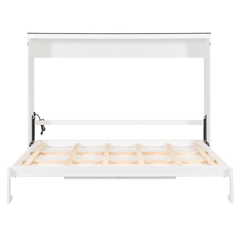 Queen Size Wood Murphy Bed with Hidden Folding Platfom Bed, Wall Cabinet Bed Frame with Shelf Top & Side Charging Station