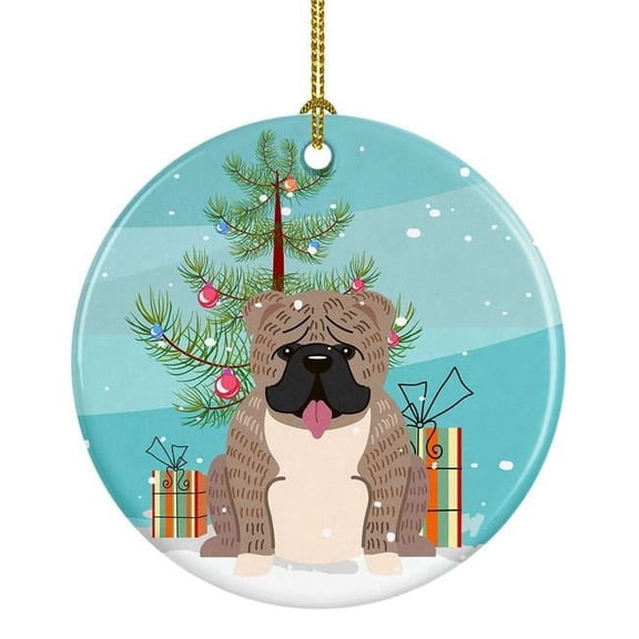 Carolines Treasures BB4251CO1 Merry Christmas Tree English Bulldog Grey Brindle Ceramic Ornament