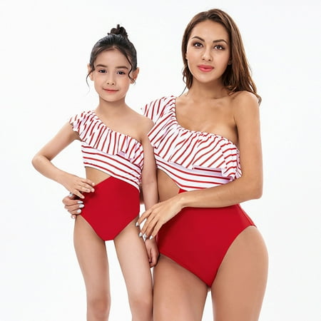 

COOLL Mommy and Me Swimsuit Stripe Print Slim Fit One Shoulder Ruffle Quick Dry Hollow Out Kids Monokini Beachwear