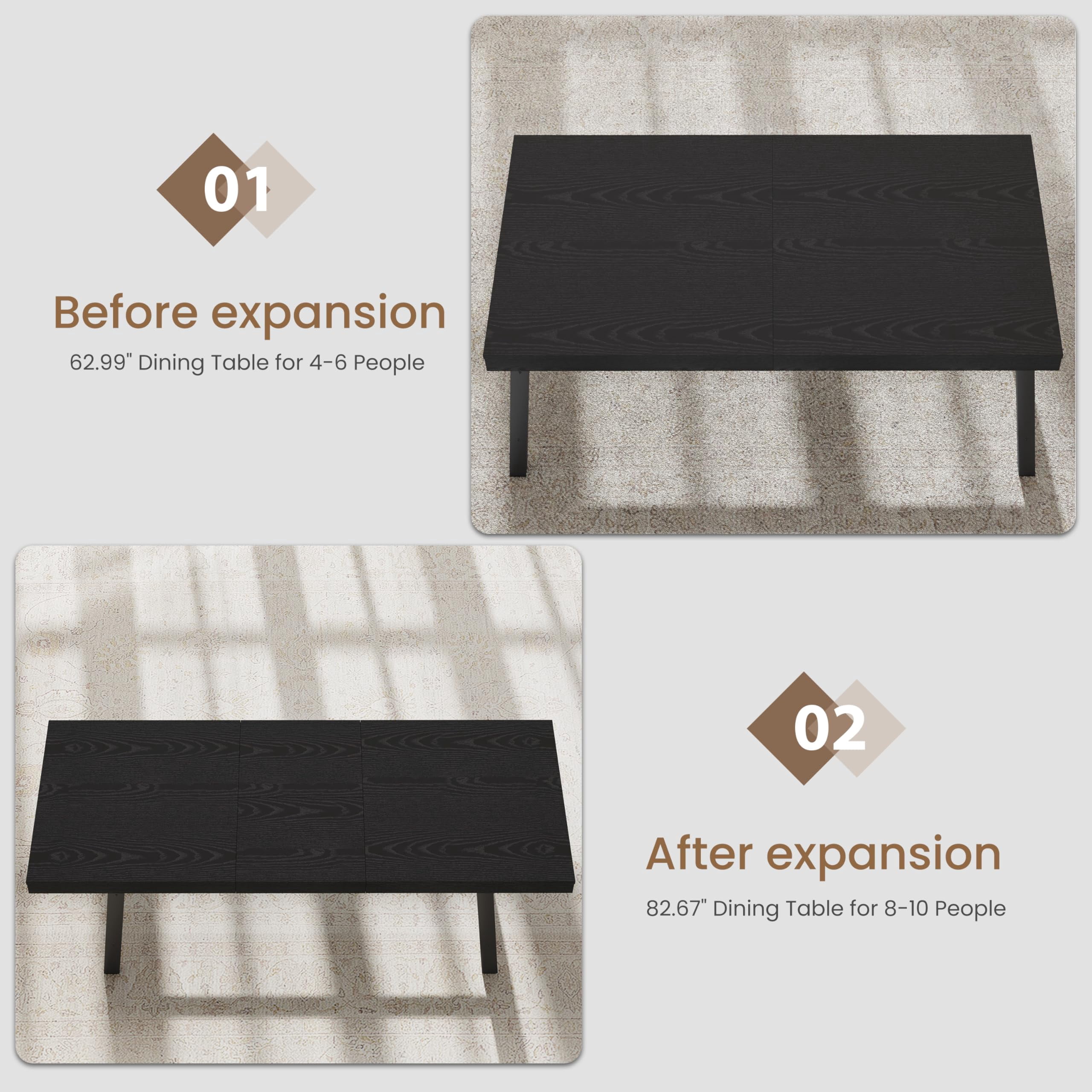 63"-83" Extendable Industrial Dining Table - Seats 6-8 - Expandable Rectangular Kitchen Table with Metal Frame for Parties-Black