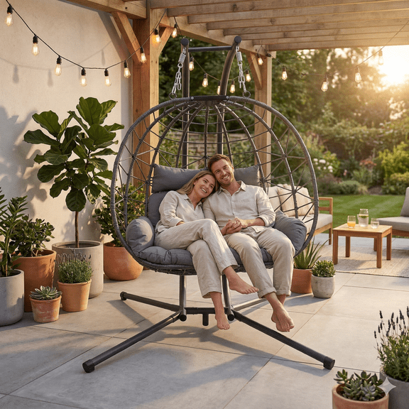 MINESTIA Double Egg Swing Chair with Stand, Patio Hammock Swing Chair with Cushion Loveseat for Bedroom, Balcony, Garden