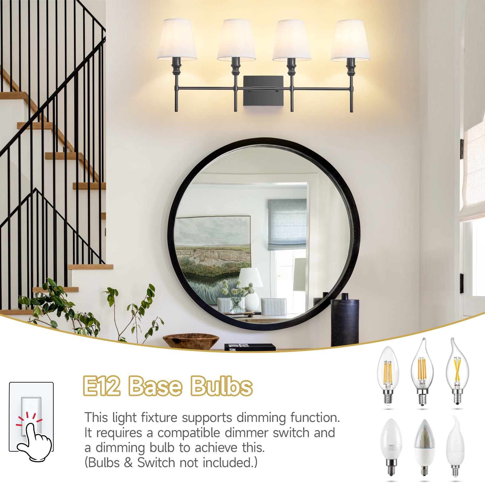 Black Bathroom Vanity Light 4 Light，32.3In Vintage Bathroom Light Fixtures Over Mirror,Hardwired Vanity Wall Sconce with Flared White Fabric Lampshade for Bedroom,Living Room,Foyer,E12 Base