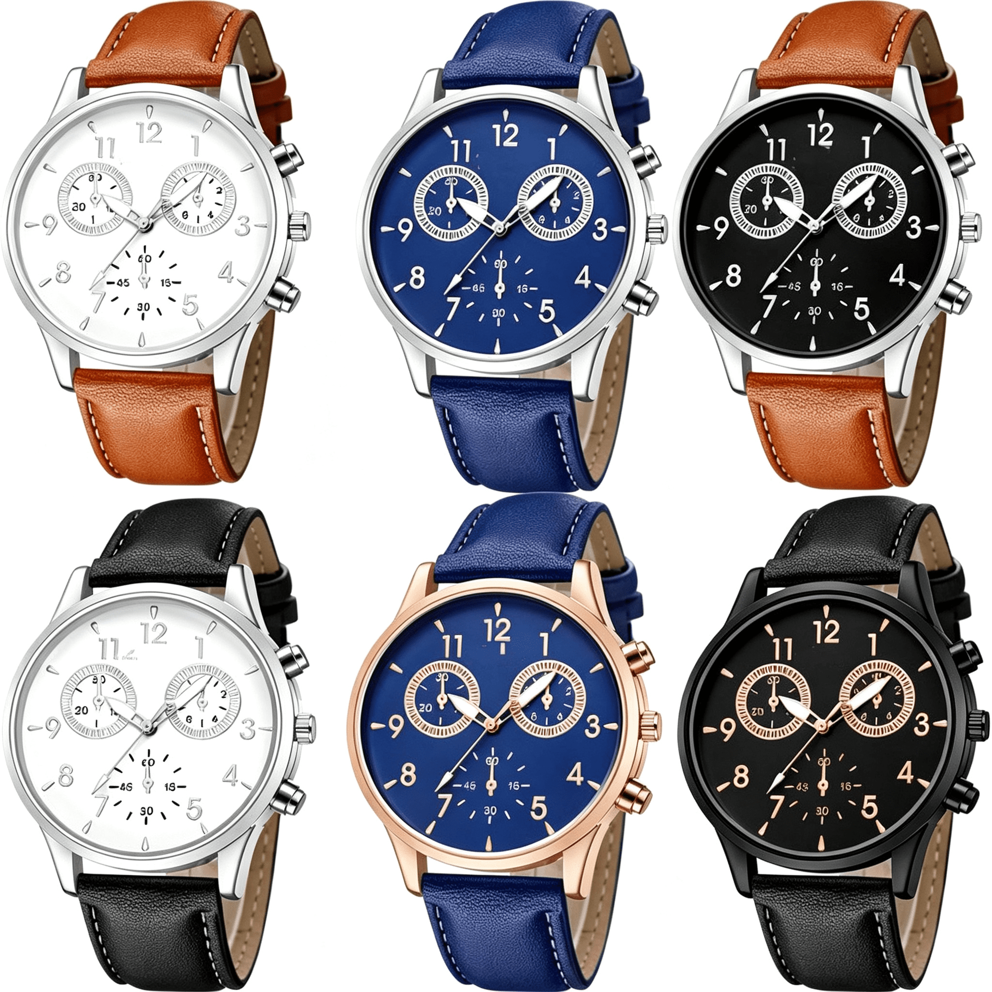 DESIGNICE 6 Pack Men'S Leather Quartz Watch Casual Dress Wrist Band Watches Wholesale Lots Set Classic Analog Watch