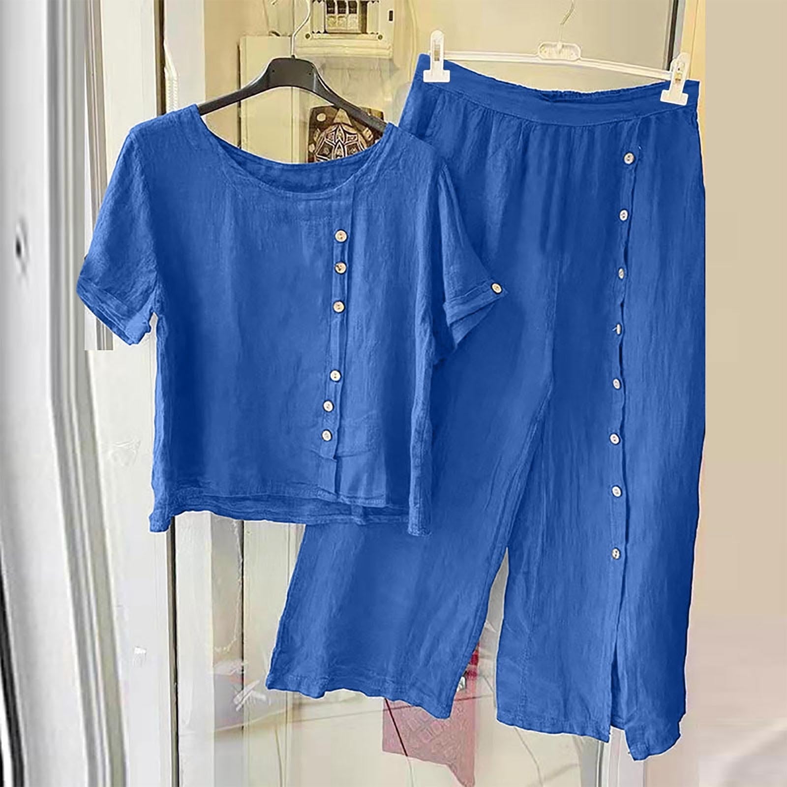 Idoravan Women Sets Clothing Clearance Womens Solid Crewneck Button