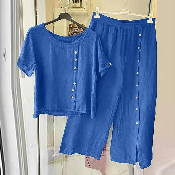 Idoravan Women Sets Clothing Clearance Womens Solid Crewneck Button Half Sleeve Pullover Shirt Tops Pants Trousers Set