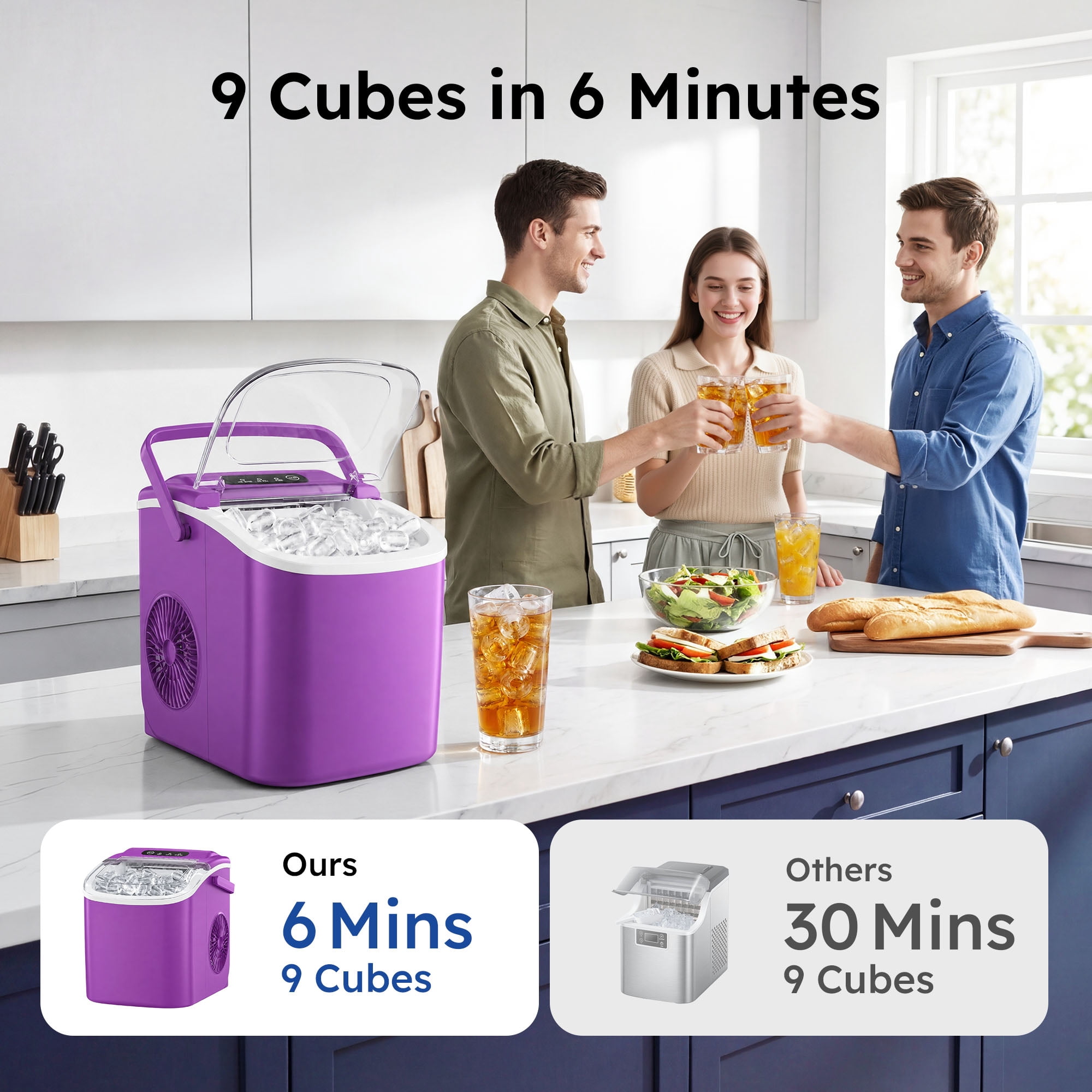 Simzlife Portable Ice Maker Countertop, 26 lbs/24H, 9 Bullet-Shaped Ice in 6 Min, Self-Cleaning Portable Ice Maker for Kitchen, Home, Office, RV, Purple