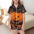 thumbnail image 2 of Weebloom Soft Halloween Pajama Set For Toddler Girl Silk Satin Pumpkin Short Sleeve Button Up Tops And Shorts Summer Fall 2 Piece Set Pjs Loungewear, 2 of 4