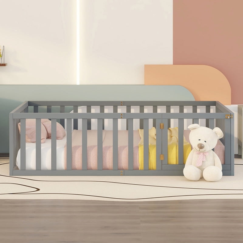 Full Size Wood Floor Bed with Door & Fence, Montessori Bed Frame with Full Length Safety Guardrails, Wood Full Bed with Slats, -No Box Spring NeededGray