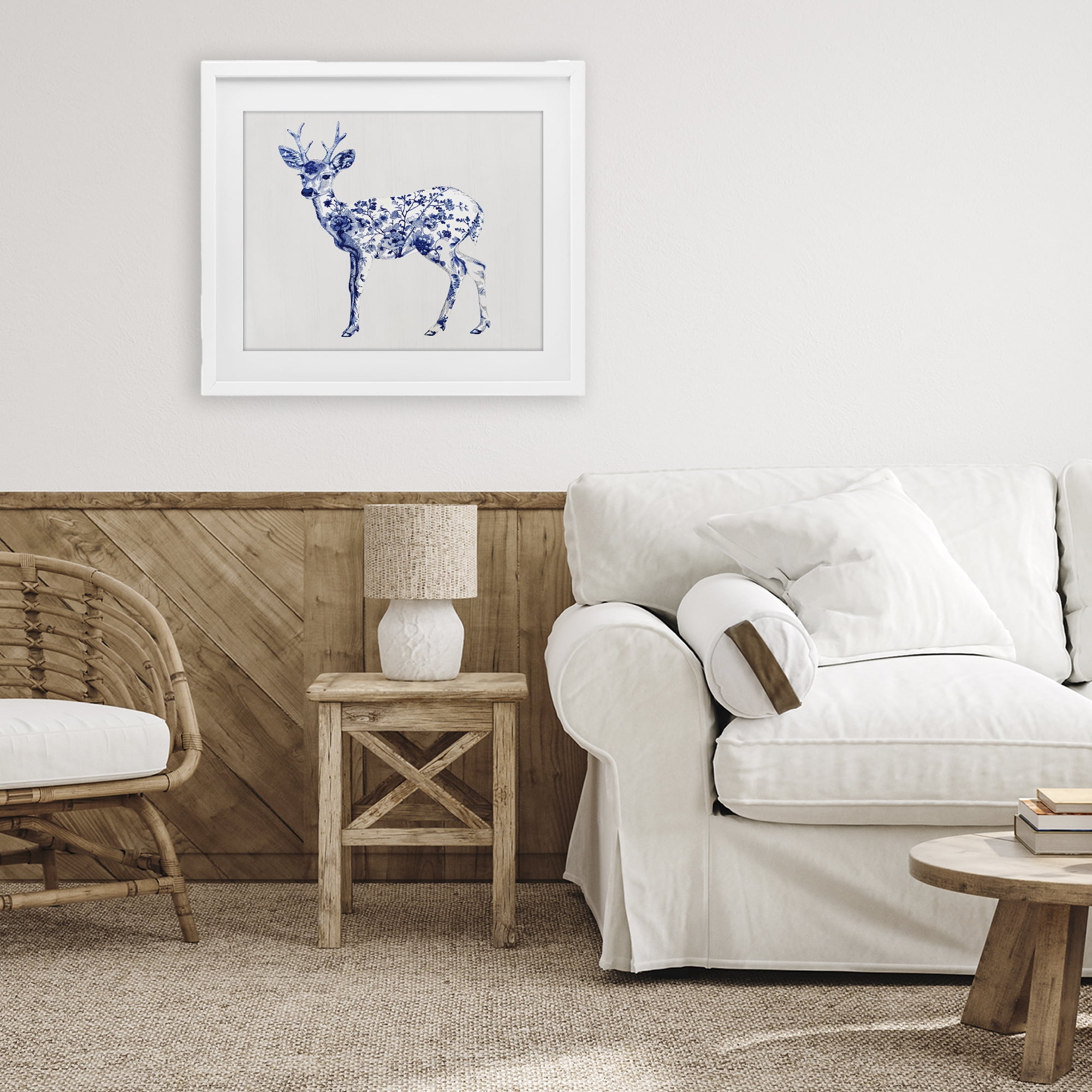 Graceful Toile Deer White Framed Print Under Glass, design by Lettered and Lined