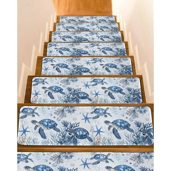 Summer Beach Coastal Stair Treads for Wooden Steps Indoor Runner Rug Carpet, Sea Turtle Coral Nautical 4 Pieces Peel and Stick Staircase Step Treads Covers Washable Throw Door Mats, 30"x8"