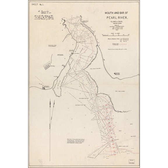 24"x36" Gallery Poster, map Mouth & bar of Pearl River Oahu Hawaii 1873