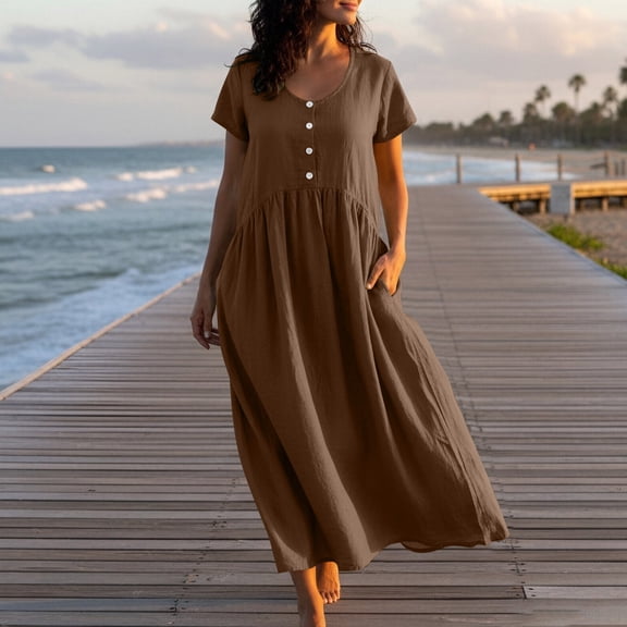 Women's Casual Short Sleeve Maxi Dress Scoop Neck Button Down High Waisted Loose Fit Flowy Long Dress with Pockets Summer Beach Vacation Daily Wear